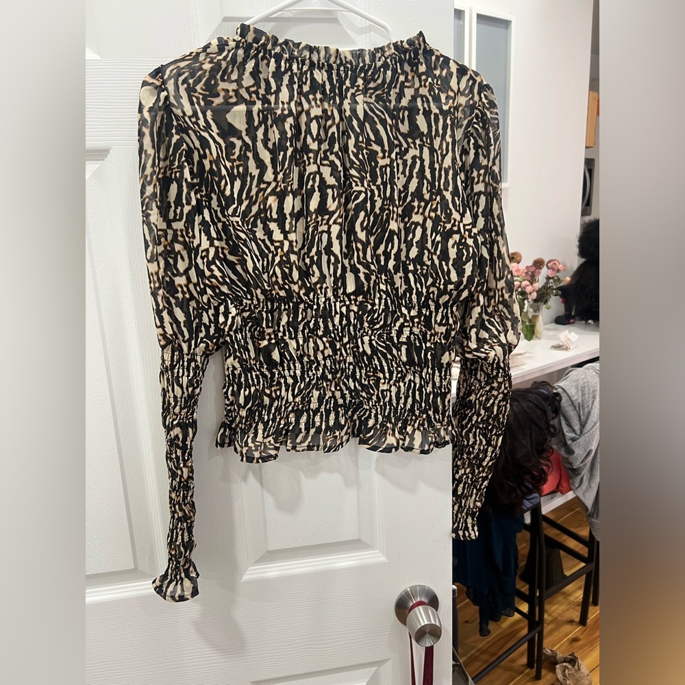 Halogen Brown striped women shirted long sleeve crop top chiffon animal print